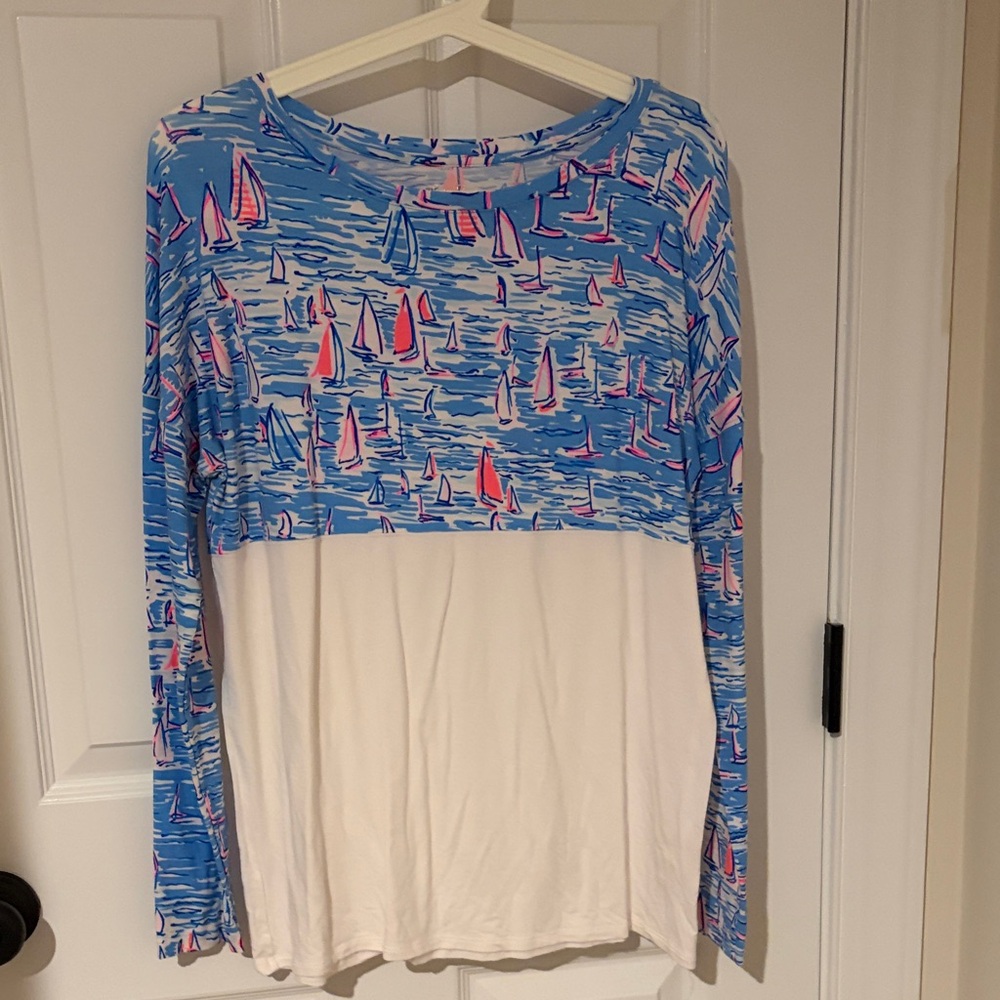 Lilly Pulitzer Blue and Pink Sailboat Long Sleeve Top